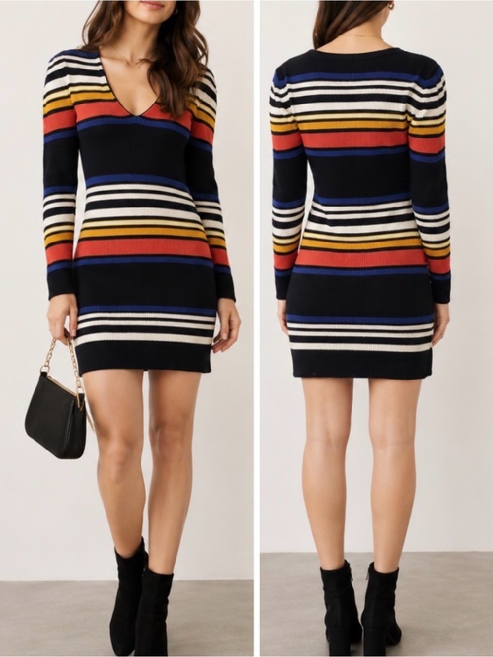 Free People Gidget Striped Knit Sweater Black Multi V-Neck Ribbed Mini Dress